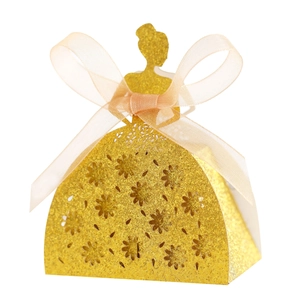 Glitter gold princess-shaped wedding favor box with hollow lace design and pink ribbon