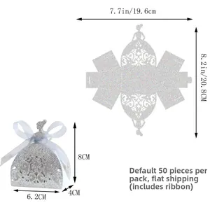 Silver glitter laser-cut girl dress favor box with light blue ribbon and dimensions