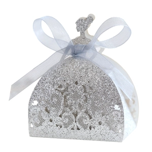 Silver glitter hollow lace favor box in dress shape with light blue ribbon for wedding party