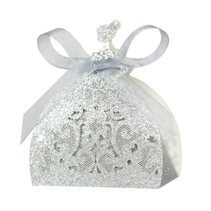 Elegant silver glitter candy box with hollow floral patterns and grey ribbon bow