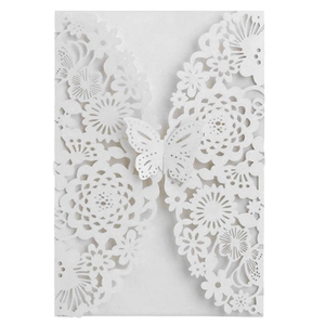 Laser cut white wedding invitation cover with elegant floral butterfly pattern