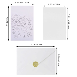 Detailed dimensions of hollow flower wedding invitation with envelope and inner sheet
