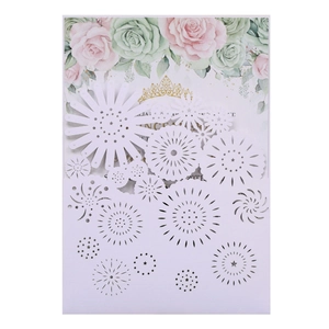 Elegant laser cut wedding invitation card with pink roses and gold crown design