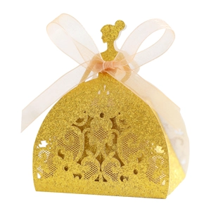 Golden glitter party favor box in elegant princess dress shape with satin bow decoration
