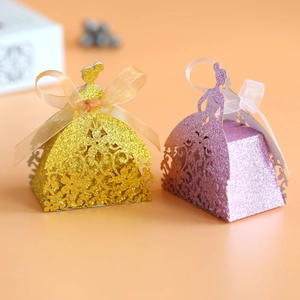 Laser Cut Princess Dress Candy Box Glitter Paper Floral Hollow Out Gift Box With Ribbon Bow For Wedding Party Favors