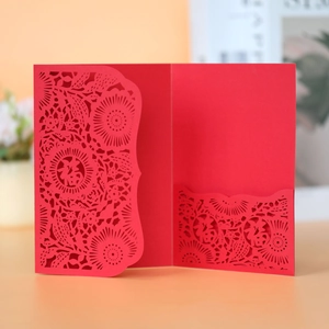Macro shot of red laser-cut greeting card with traditional Chinese Fu character design