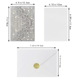 Detailed view of silver glitter laser cut invitation set with dimensions and ivory envelope