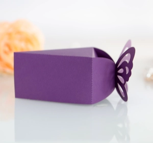 Detail of purple laser-cut butterfly candy box in a unique triangular cake shape