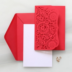 Detail of red laser-cut invitation set with Fu character and white inner paper