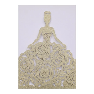 Glittery gold laser-cut invitation sleeve featuring a hollow rose dress girl silhouette