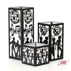 Three-piece black disco paper lanterns set with laser-cut dancers and music notes silhouettes