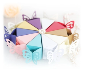 Triangle butterfly wedding candy boxes with elegant pearl flower decorations and pastel colors