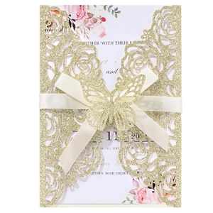 Laser Cut Glitter Paper Wedding Invitations Set With Butterfly Ribbon Rose Hollow Pattern Greeting Cards For Marriage Party
