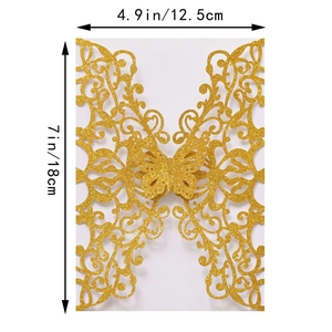 Laser cut champagne gold glitter butterfly invitation sleeve dimensions 4.9 x 7 inches