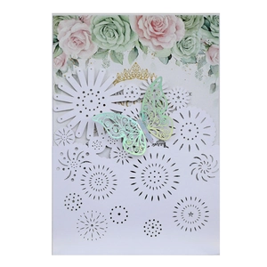 Detailed laser cut wedding invitation card with 3D butterfly and floral rose patterns