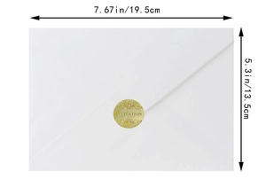 White wedding envelope with gold invitation seal showing dimensions 7.67 by 5.3 inches