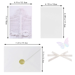 Laser-cut wedding invitation set with carriage gate design and dimensions information