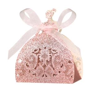 Pink glitter princess dress gift box with hollow rose pattern and white ribbon bow