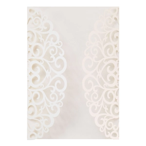 Vue détaillée de l'invitation de mariage blanche découpée au laser avec motifs floraux