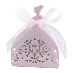 Detail of laser-cut princess dress candy box in pearlescent purple with white organza bow