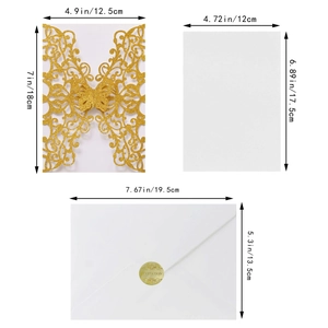 Detailed laser-cut gold glitter butterfly invitation set with envelope and white insert