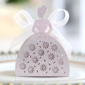 Detailed laser-cut bridal dress candy box with pink glitter paper and white silk bow