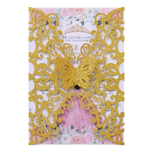 Glitter gold laser cut butterfly invitation with floral insert for Quinceañera party