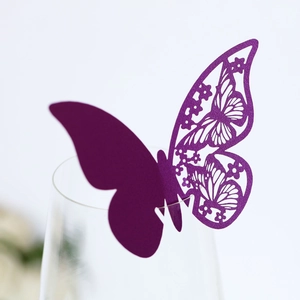 Exquisite laser-cut purple butterfly place card for wine glasses at wedding parties