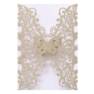 Glitter champagne gold laser-cut butterfly invitation card with intricate hollow pattern