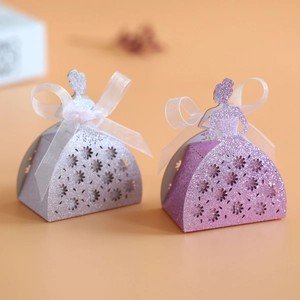 Princess dress glitter candy boxes with laser-cut lace and ribbon for wedding parties