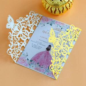 Detailed laser cut butterfly invitation with rose flower and elegant glitter finish