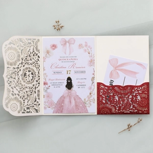 Detailed laser-cut pattern of Chinese wedding invitation with floral inner card