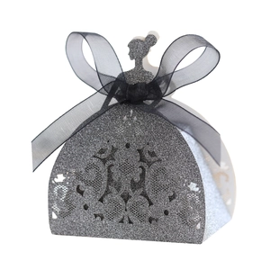 Lace hollowed-out princess dress wedding favor box with grey glitter and black ribbon