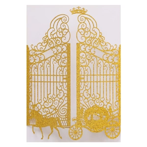 Golden glitter laser-cut invitation cover featuring a royal carriage and crown design