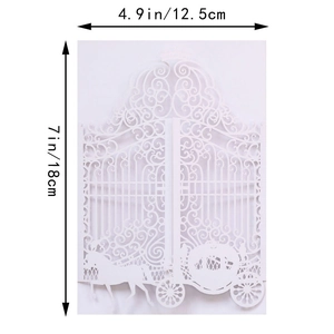 Detailed dimensions of 5x7 inch laser cut wedding invitation with royal crown carriage