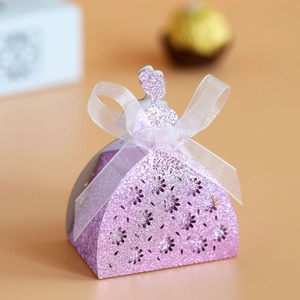 Detailed pink glitter princess dress candy box with white organza bow and laser-cut flowers