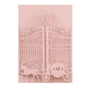 Pink laser cut wedding invitation with elegant hollow carriage and crown design