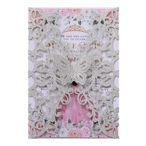 Silver glitter laser-cut butterfly invitation card with elegant floral inner page