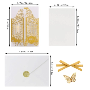 Detailed size breakdown of gold laser cut invitation suite with envelopes and ribbons