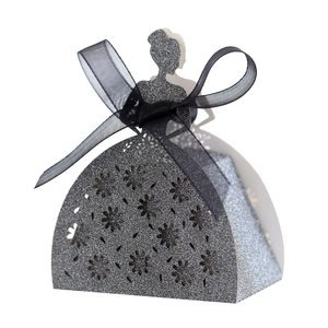 Detail of silver glitter wedding candy box with female silhouette and black bow