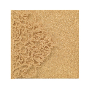 Detailed laser-cut vine patterns on gold glitter paper for luxury wedding invitations
