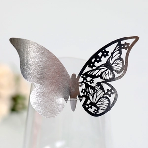 Detailed laser-cut butterfly place card for wine glass rim with silver and black finish