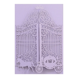 Laser cut lavender wedding invitation featuring an elegant crown and horse carriage design