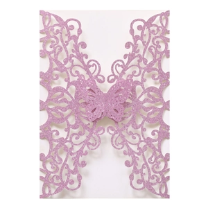 Glitter pink laser-cut butterfly invitation card with intricate hollow vine patterns