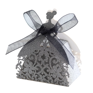 Elegant laser-cut silver glitter wedding favor box in girl dress shape with black ribbon bow