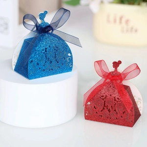 Hollow laser-cut glitter gift boxes in princess dress shape with ribbon bow details