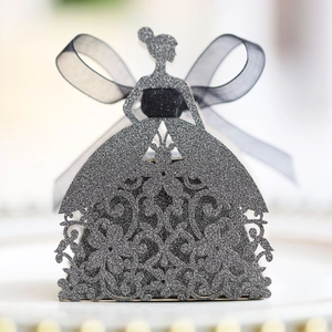 Detailed laser-cut silver hollow dress candy box with elegant black ribbon bow