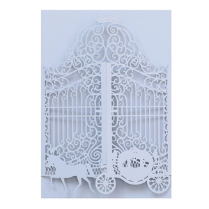 Intricate laser-cut wedding invitation featuring a royal crown and horse carriage design