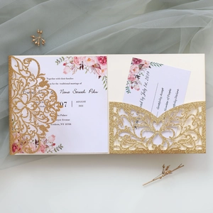 Laser cut gold glitter wedding invitation set with floral inner card and RSVP card