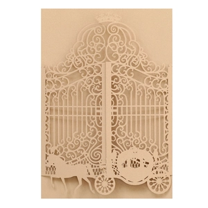Laser cut champagne gold wedding invitation cover with horse carriage design